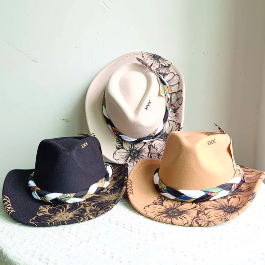 inted Fedora Western Cowboy Hat for Men and Women FloralPainted Jazz Hat Wide Brim Cowboy  Feather Accessories