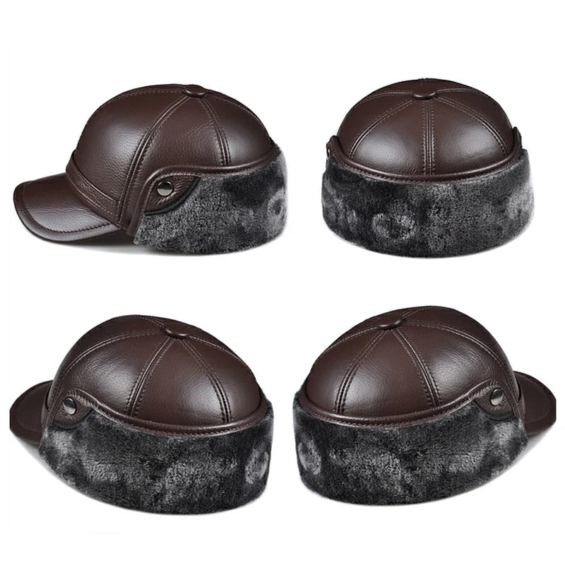 High Quality Genuine Leather Hats Winter First Layer Cowhide Warm Earmuffs Bomber Caps Plus Velvet Thicken Man Bone Caps Dad Hat