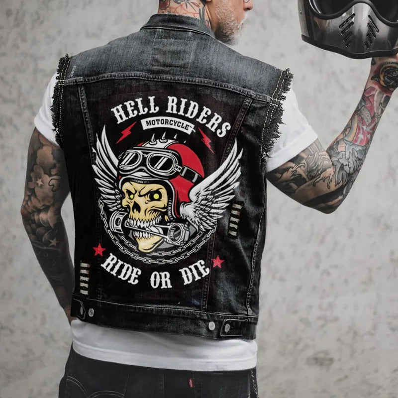 Men's retro fashion motorcycle sleeveless denim vest jacket high street