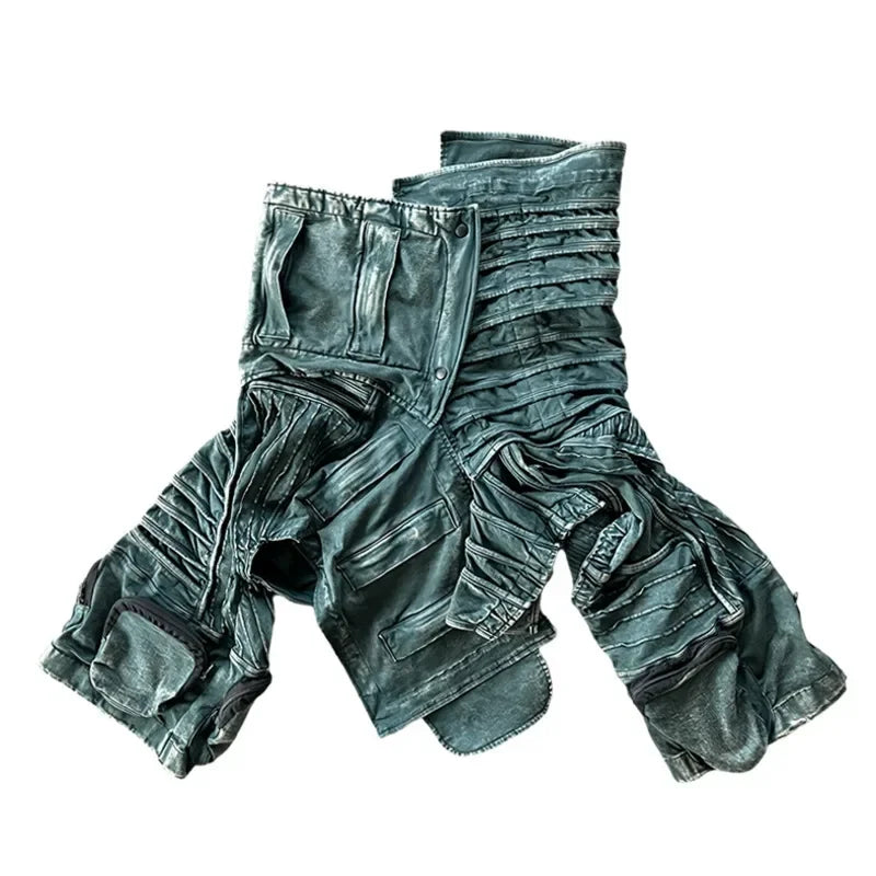 Men and Waste Soil Style  Asymmetric Deconstruction Pleated Jacket Futuristic Washed Short Coat Male