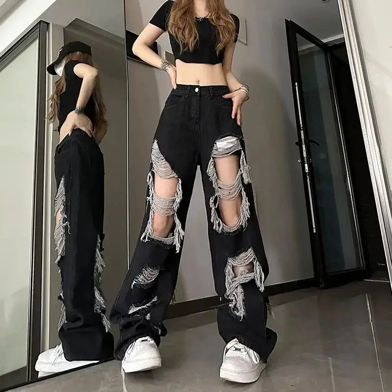 New Front-Rear  Broken Hole Jeans All-Match Distressed Women High Street Hip Hop High Waist Straight Loose Trousers