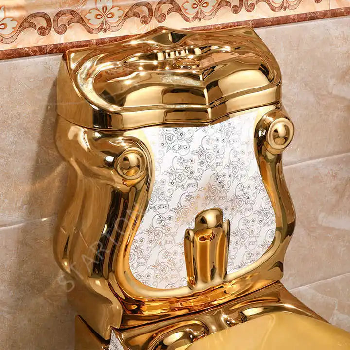 Royal Luxury Style Bathroom Ceramic Water Closet Floor Mounted Gold Color Wash Basin Pedestal Sink Two Piece Toilet Commode Set