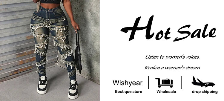 Vintage Pencil Pants Ripped Women Jeans Distressed Stretch Denim Trouser Wash Dark Blue Skinny Pockets Punk Style