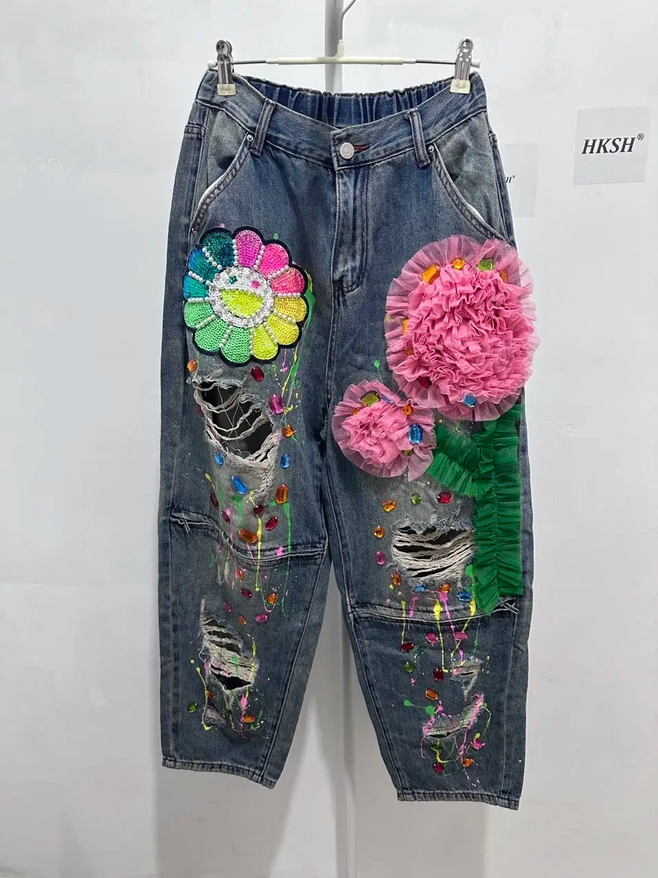 HKSH Spring Summer New Women Ins Chic High Street Three-dimensional Flower Diamonds Jeans Casual Elastic Waist Long Pants