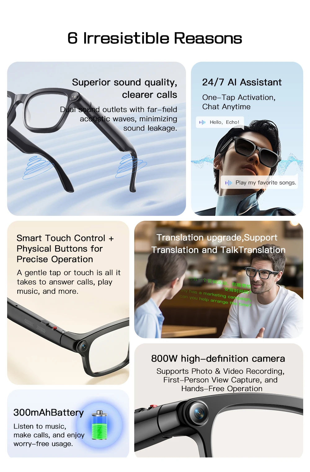 Smart AI Translation Smart Glasses 800W HD Camera 1080P Video WIFI transmission Bluetooth Call