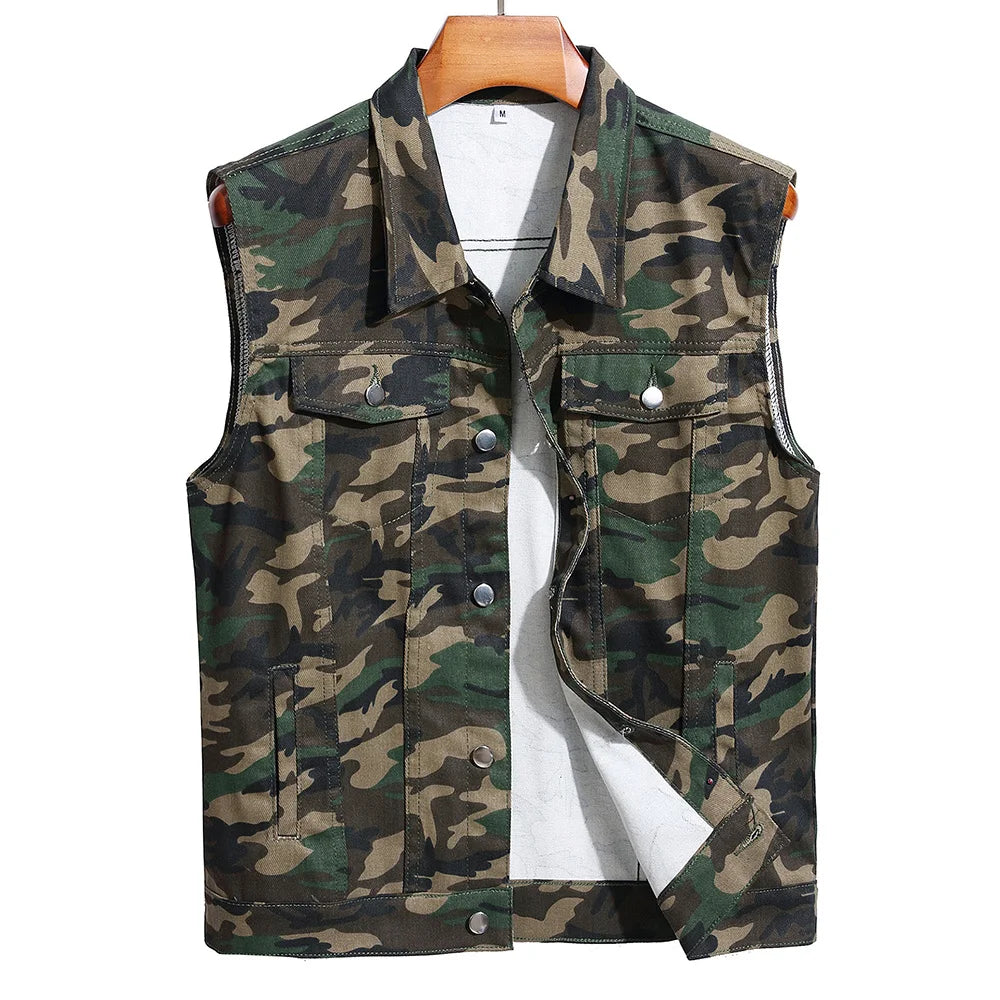 Men Camouflage Vest Sleeveless Cotton Denim Waistcoat Tank Top