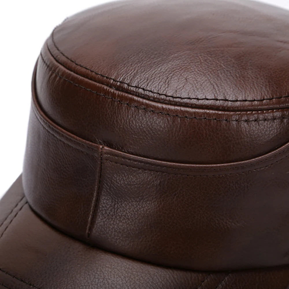 Men's Real Leather Fall Winter male 100% Genuine Real Cowhide Leather Military Cap