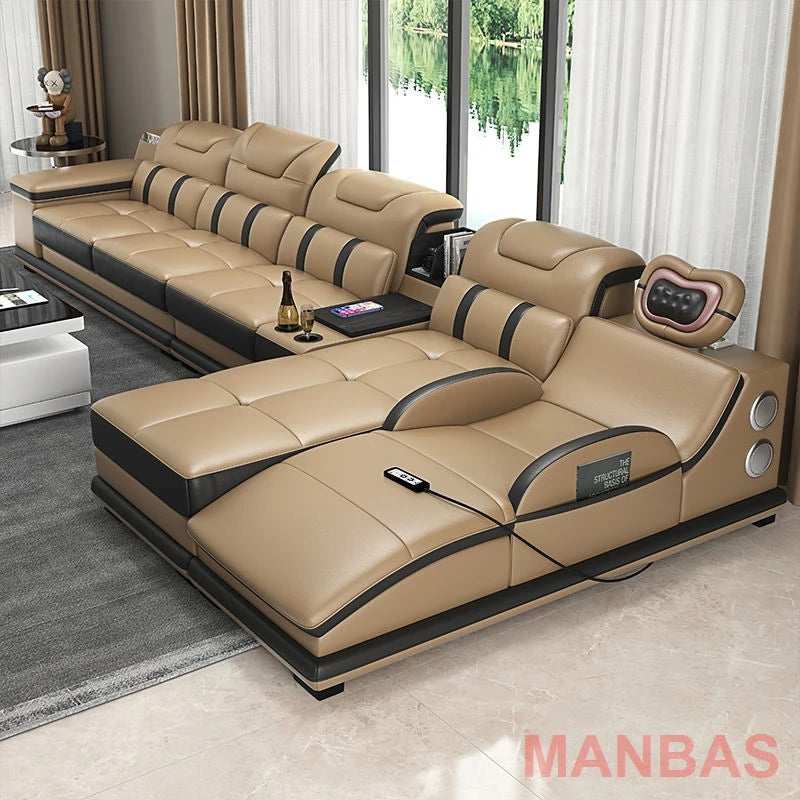 Italian Genuine Leather Sectional Sofa with Bluetooth, Speaker, Functional Headrest, Massage Chaise L Shape Corner