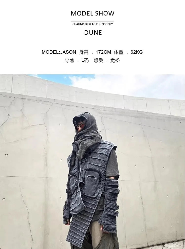 Pioneer Waste Soil Sand Dune Heavy Industry washed Asymmetric stereoscopic Bag Layered High Collar Vest coat