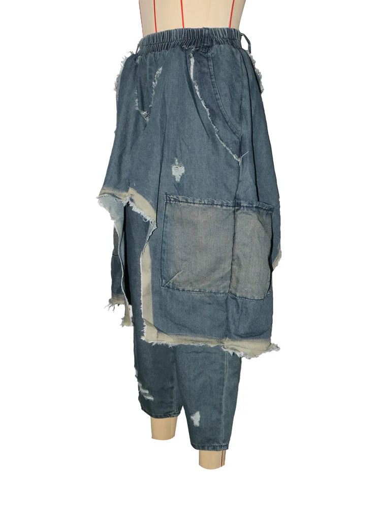 Street Wear Baggy Bag Wide Leg Denim Pants Elastic Waist Distressed Runway Harem Jeans