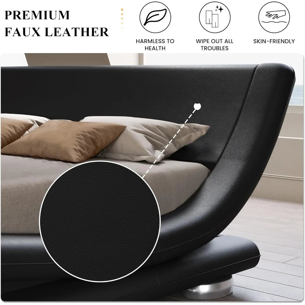 Bed Frame with Faux Leather Ergonomics Headboard, No Box Spring Needed & Easy Assembly