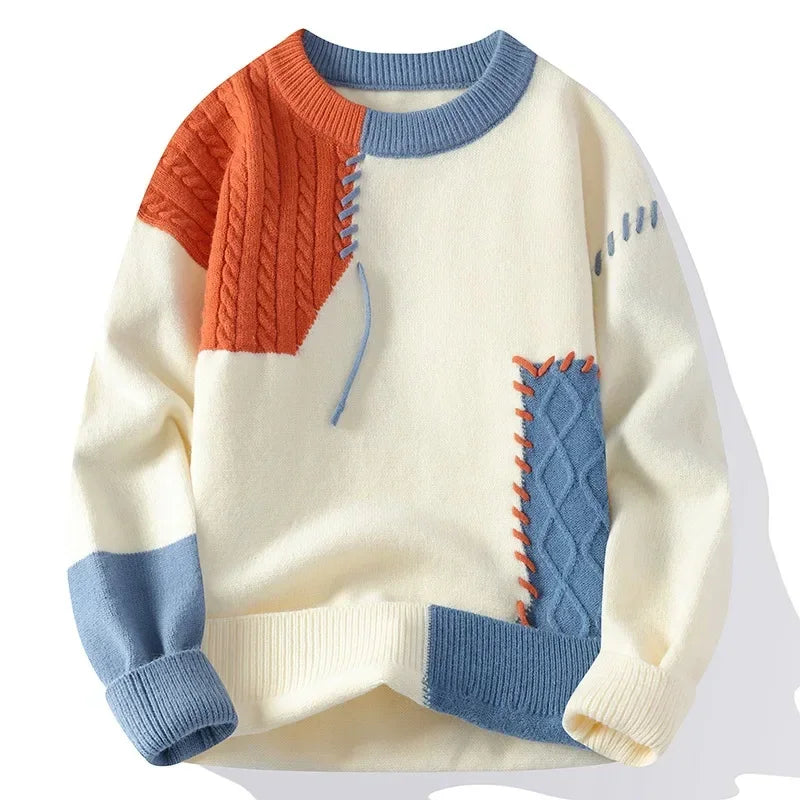 Men Patchwork Sweater O Neck Pullovers Spliced Long Sleeve  Wool Casual