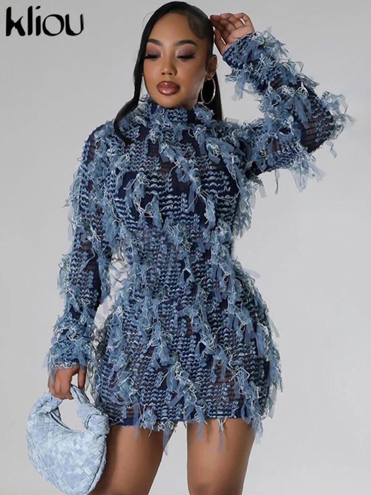 kliou Ruched Patchwork Mini Dress Women Striped Stacked Autumn Full Sleeve Crew Neck Holes Chic Bodycon Female Trend Streetwear