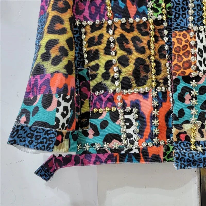 Streetwear Fashion Rivet Beading Leopard Print Patchwork Denim Jacket Women Cowboy Outerwear Loose Short Jeans Jackets Female