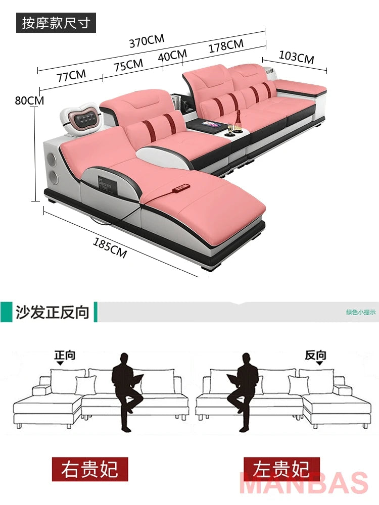 Italian Genuine Leather Sectional Sofa with Bluetooth, Speaker, Functional Headrest, Massage Chaise L Shape Corner