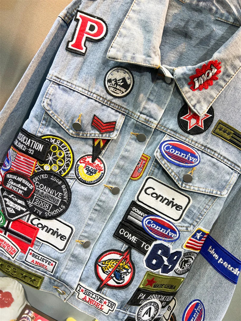 Men's Embroidered Denim Jacket Trendy Slim Fit w Badge Jeans Coat