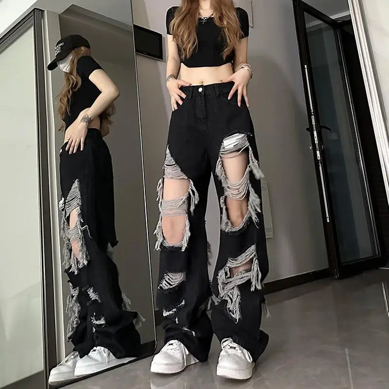 New Front-Rear  Broken Hole Jeans All-Match Distressed Women High Street Hip Hop High Waist Straight Loose Trousers