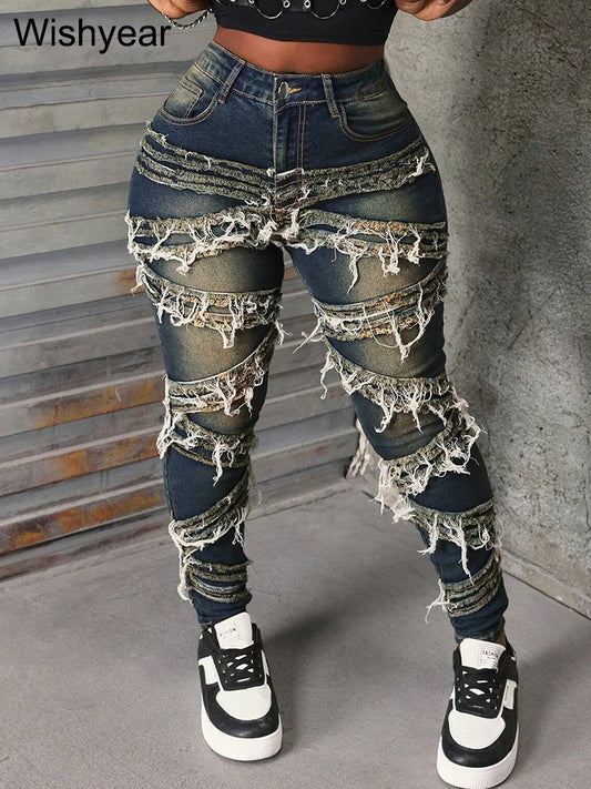 Vintage Pencil Pants Ripped Women Jeans Distressed Stretch Denim Trouser Wash Dark Blue Skinny Pockets Punk Style
