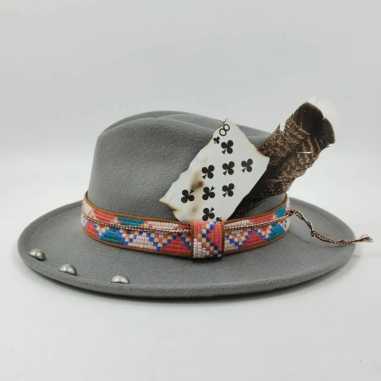 Feather Fedoras Hat for Men Women Black Felt Wide Brim Jazz Cap Plum Blossom 8 Playing Card