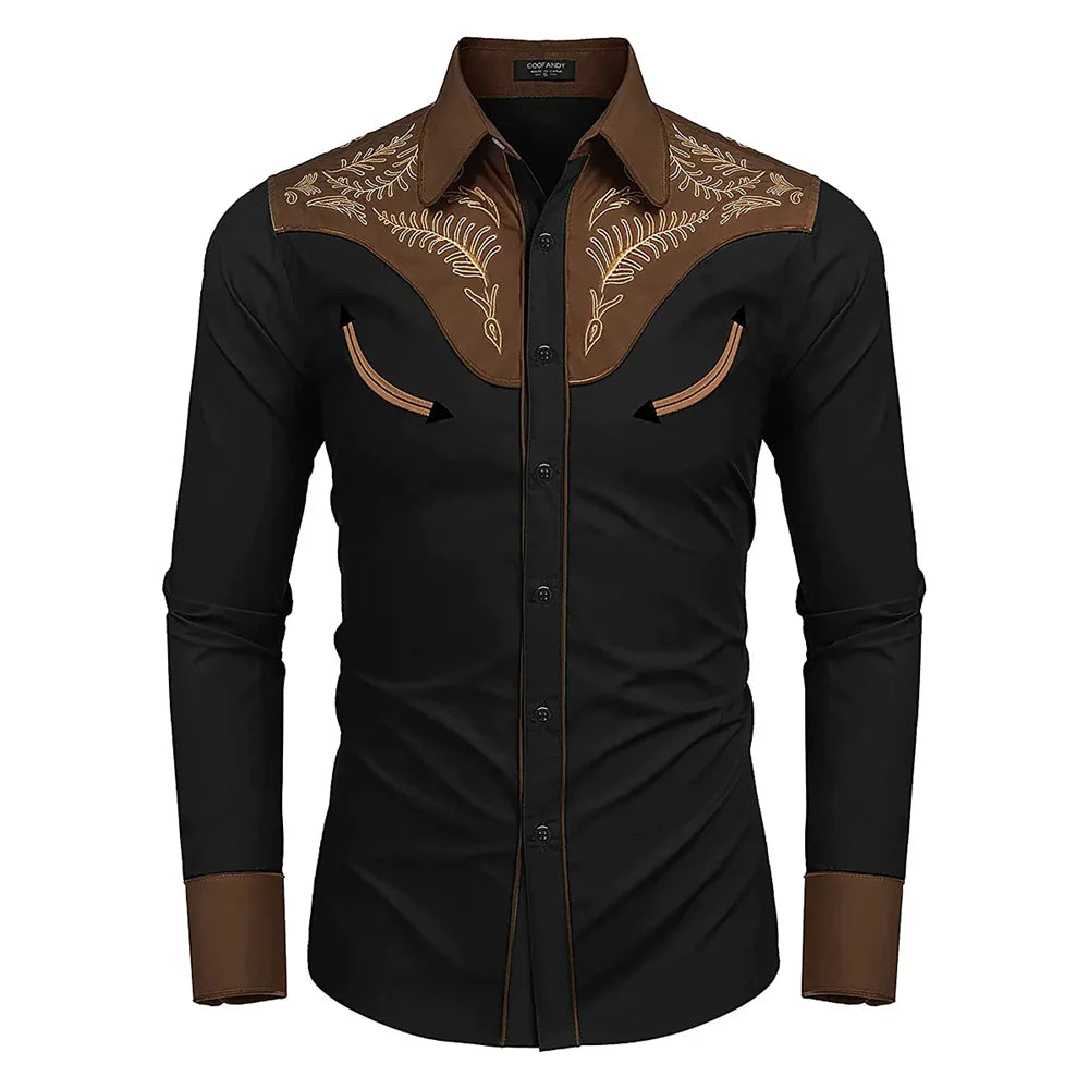 Men's western printed long -sleeved lapel single -breasted shirt casual social men's club street clothing