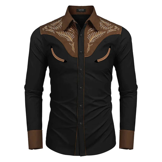 Men's western printed long -sleeved lapel single -breasted shirt casual social men's club street clothing