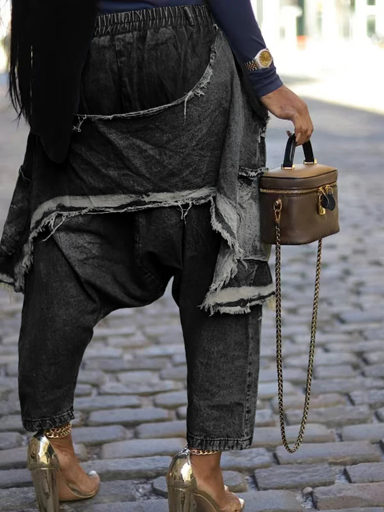 Street Wear Baggy Bag Wide Leg Denim Pants Elastic Waist Distressed Runway Harem Jeans