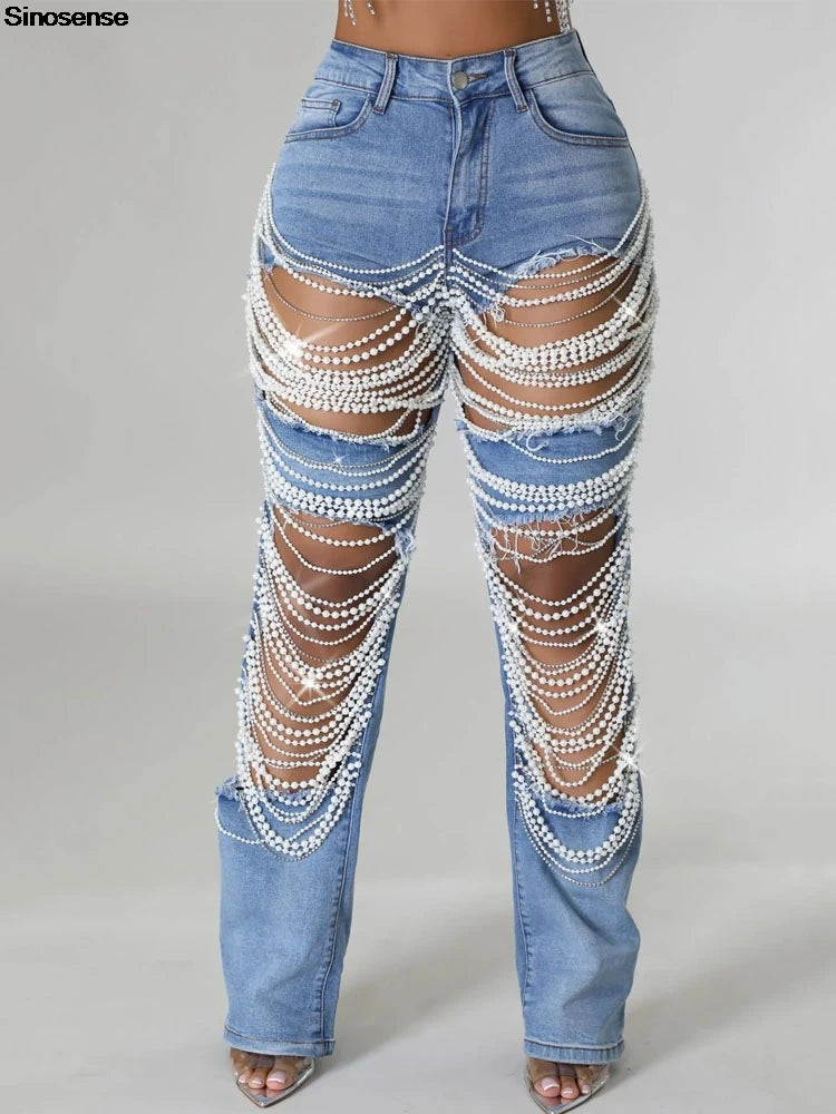 Women's Ripped Denim Pants Pearl Rhinestones Chain Distressed Slim Fit Skinny Jeans Night Club Jeans