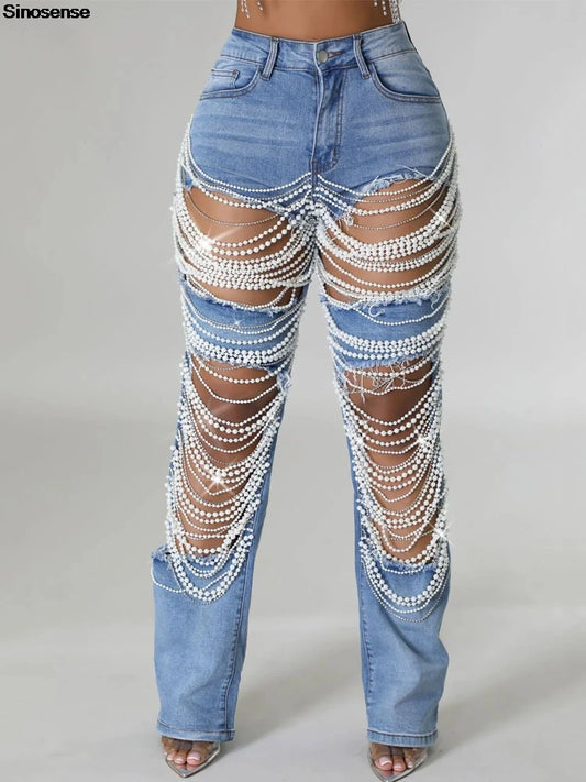 Women's Ripped Denim Pants Pearl Rhinestones Chain Distressed Slim Fit Skinny Jeans Night Club Jeans