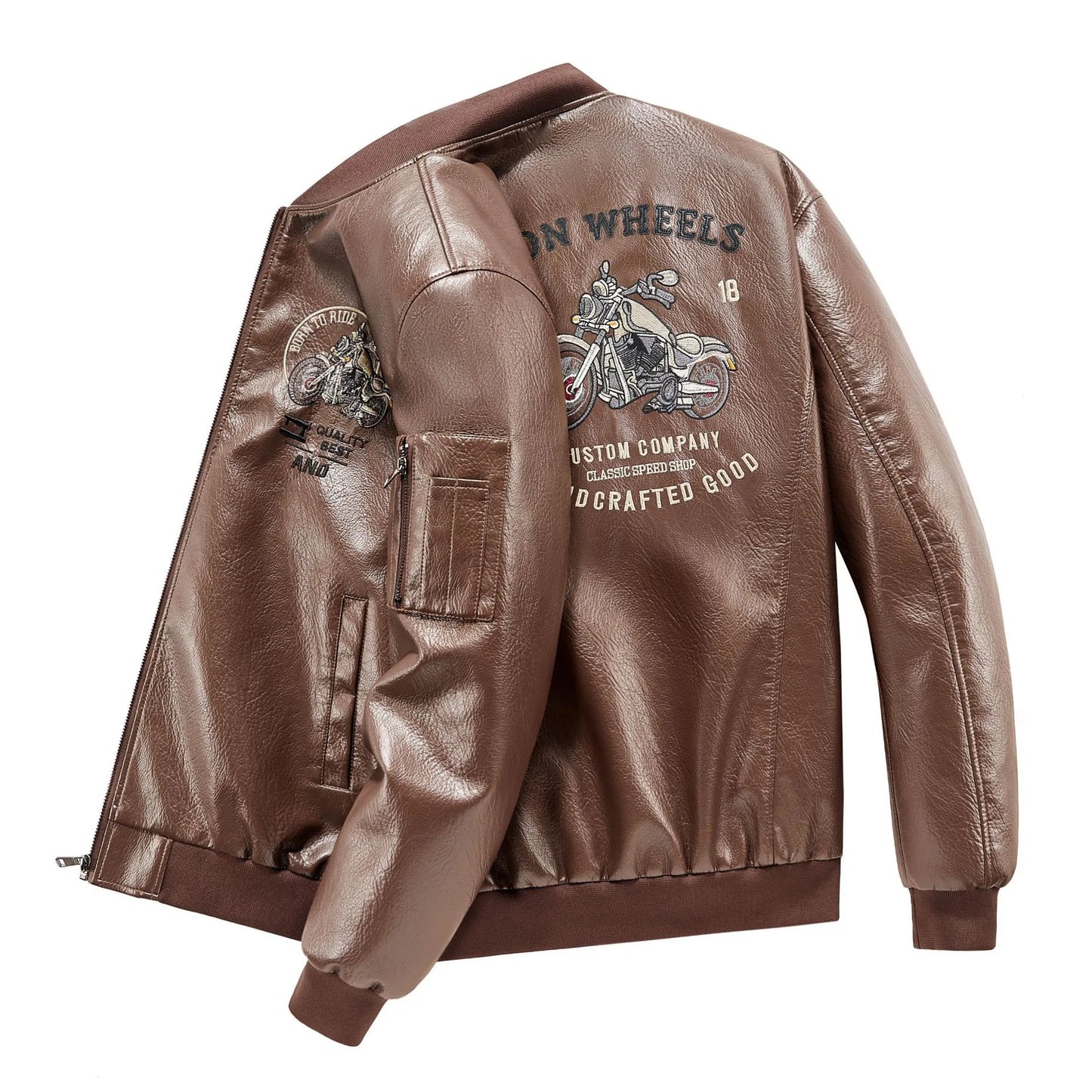 Autumn Winter Men Leather Jacket Motorcycle Punk Embroidery Stand Collar Male Plush Coat Waterproof Long Sleeve Man Outerwear