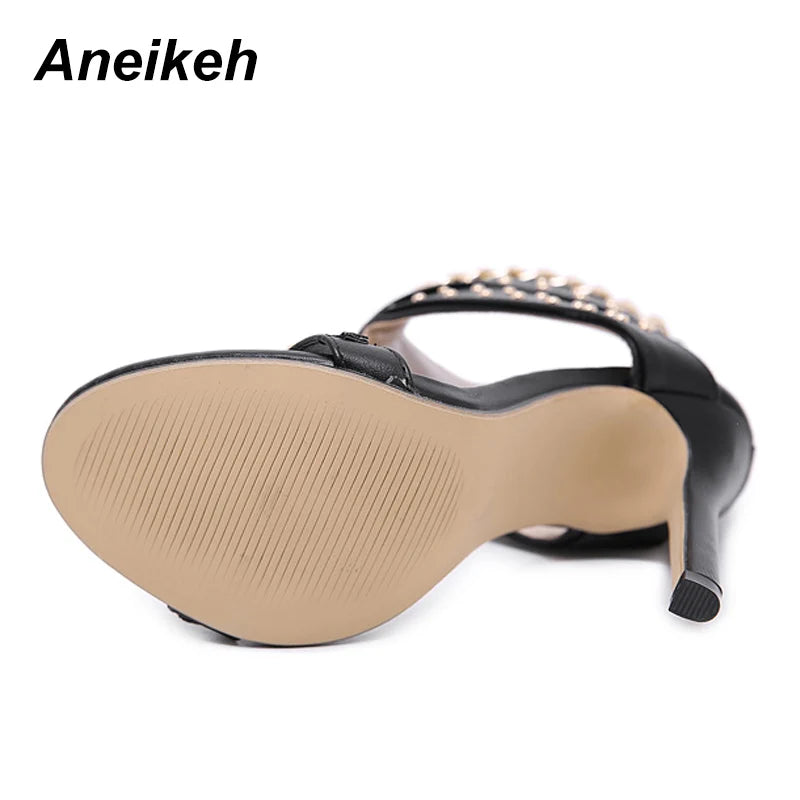 Aneikeh Sexy Rivet Metal Chain Sandals Peep Toe Thin Heel Pumps Gladiator Sandalias Zipper Women High Shoes