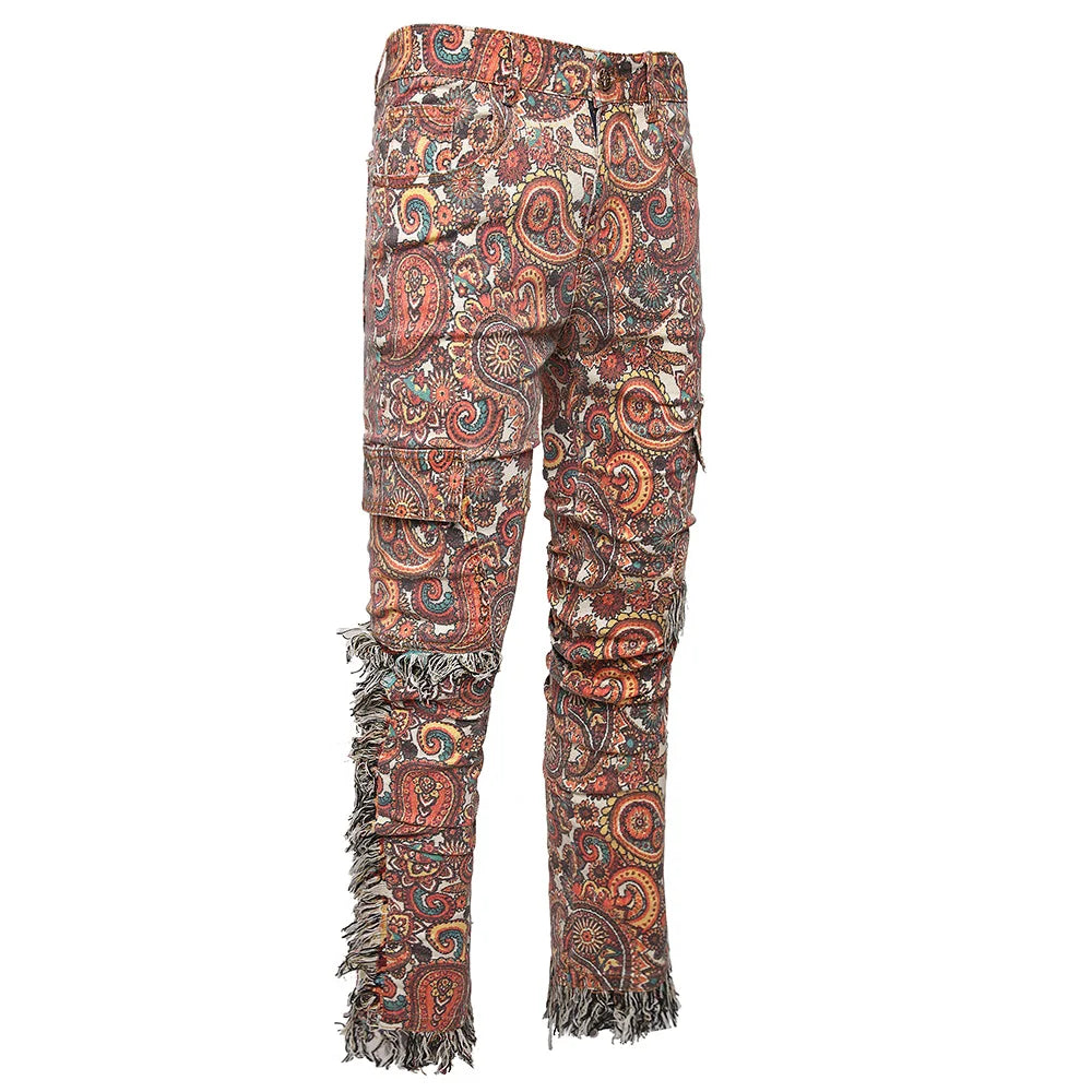 Men Bandana Print Pants Plus Size Multi Pockets Cargo Jeans Fashion Tassels Paisley Bandanna Trousers