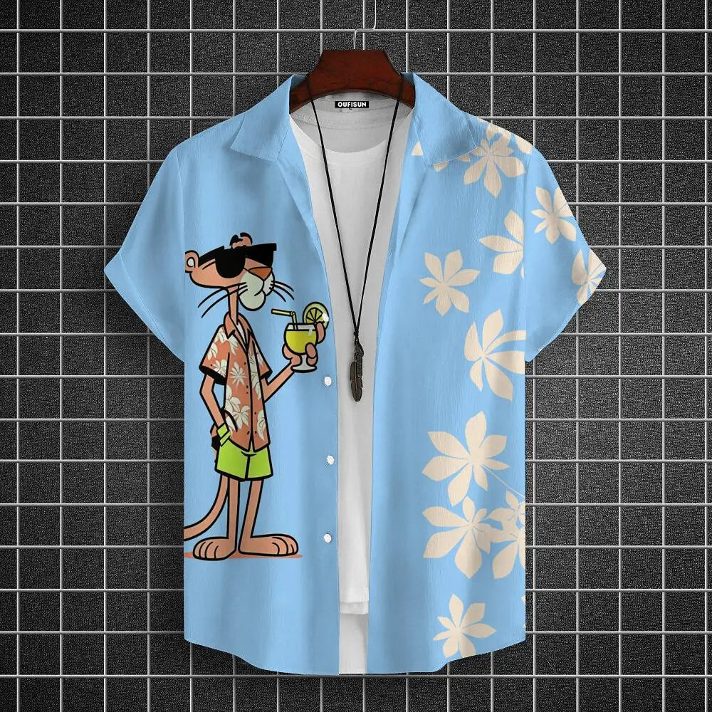 Men's  Cartoon leopard Graphic Print Short Sleeve Lapel Shirt Tops Men's Casual Button-Down Shirts For Summer Daily Wear Resort