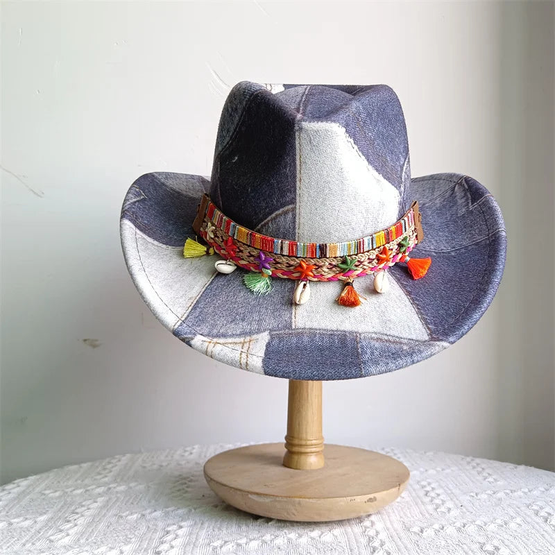 Ethnic Style Cowboy Hat Fashion Chic Unisex Solid Color Jazz Hat With Bull Shaped Decor