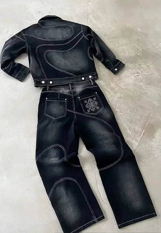 American Retro Denim Jacket  Jeans Two Piece Y2K Clothing Mens Womens Hip Hop Monogram Patchwork Oversized Coats Pants Suit