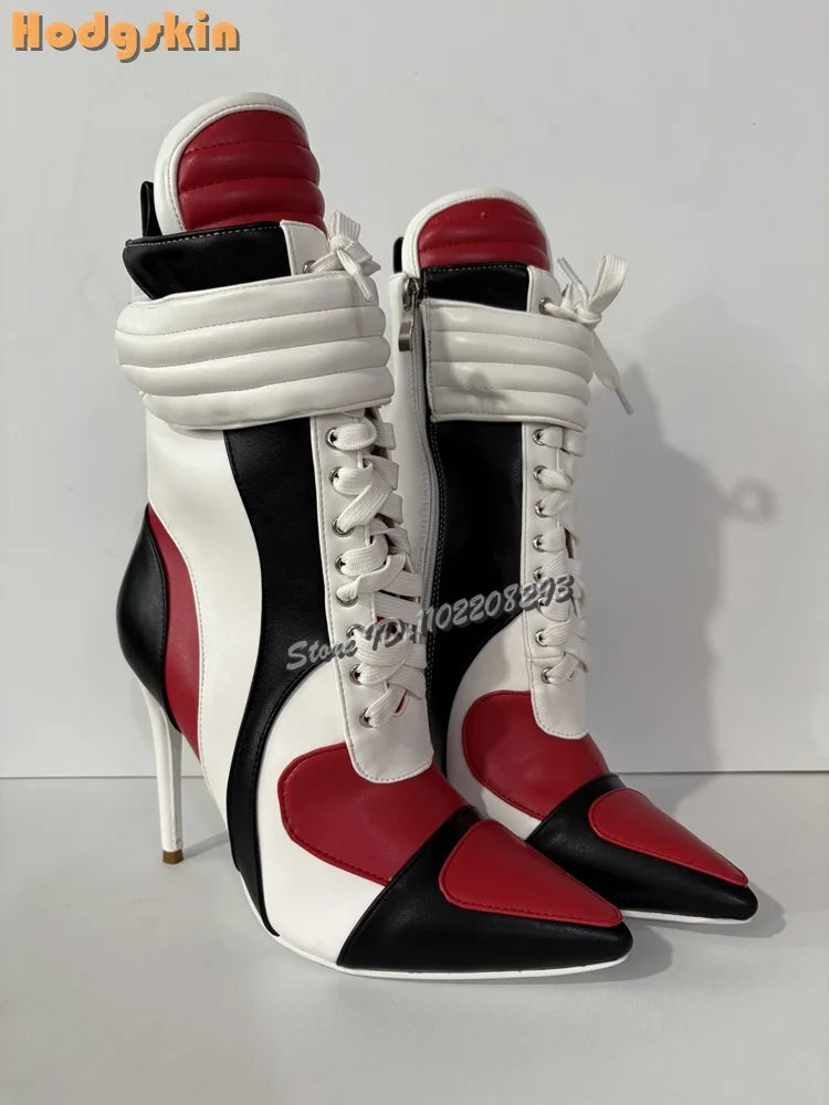 Patchwork Sports Ankle Boots Pointed Cross-tied High Heels Short Boots 2025 Autumn New Women Fashion Stiletto Motorcycle Shoes