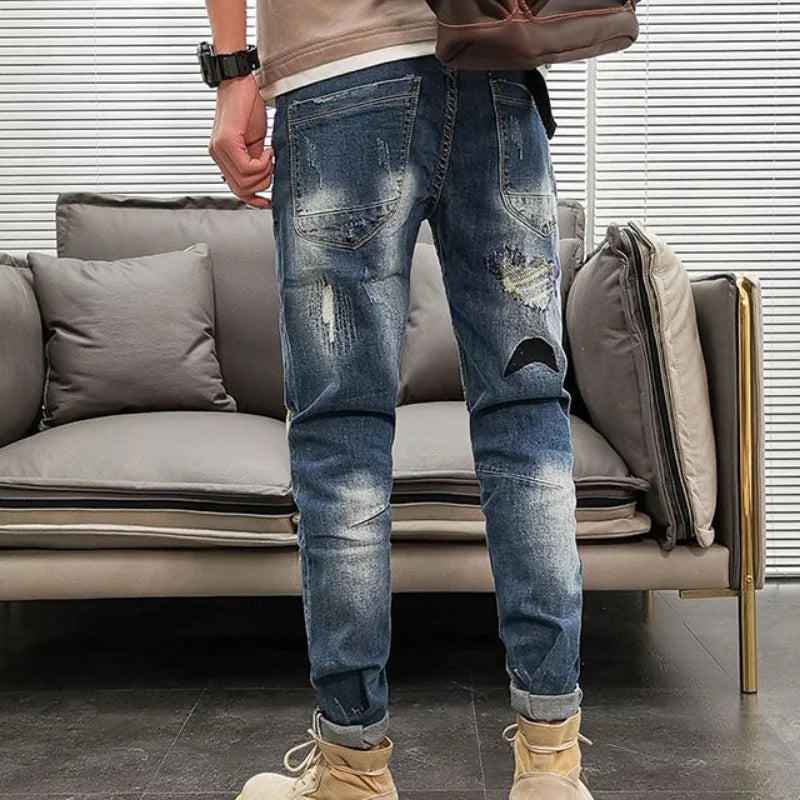 Graphic Men's Jeans Tapered Man Cowboy Pants Ripped with Print Torn Slim Fit Trousers Korean Fashion Retro Broken Harajuku Xs XL