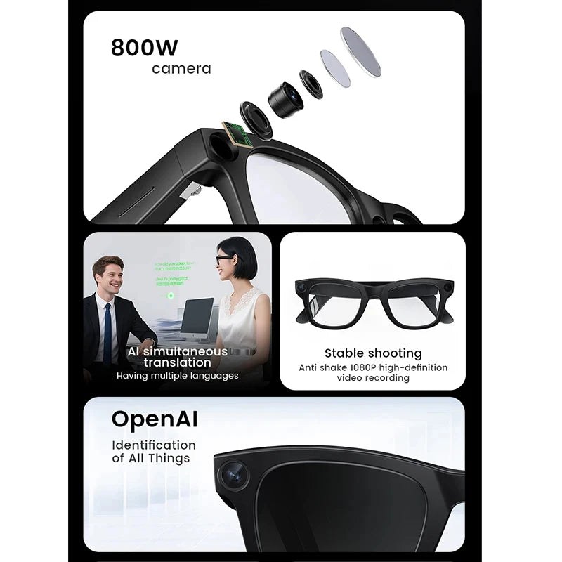 New AI SmartGlasses 800W HD Camera AI Translation Shooting Everything Recognition 4GB Storage 300mah SmartGlasses Men Women