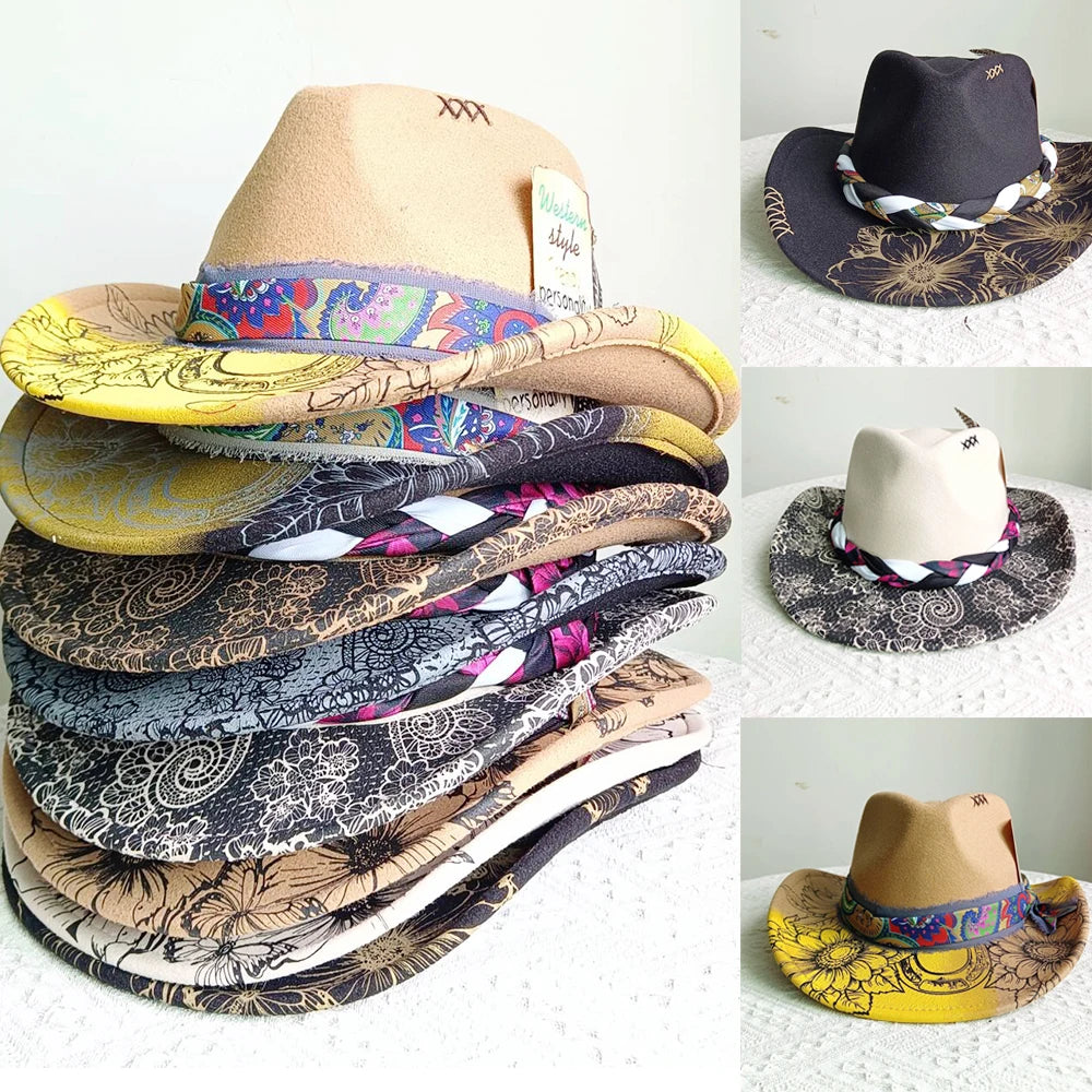 inted Fedora Western Cowboy Hat for Men and Women FloralPainted Jazz Hat Wide Brim Cowboy  Feather Accessories