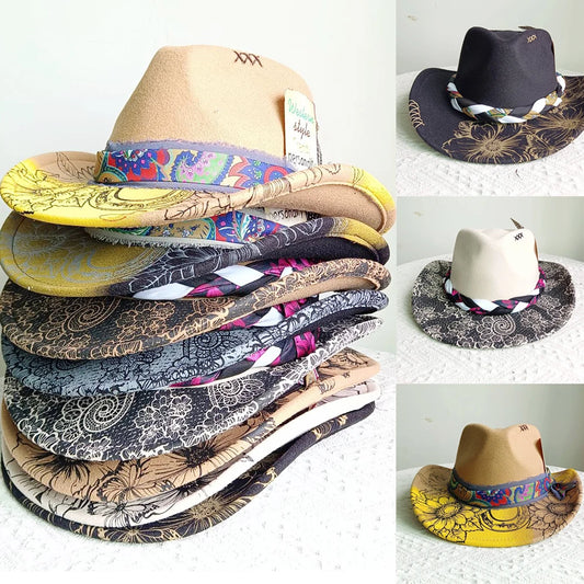 inted Fedora Western Cowboy Hat for Men and Women FloralPainted Jazz Hat Wide Brim Cowboy  Feather Accessories