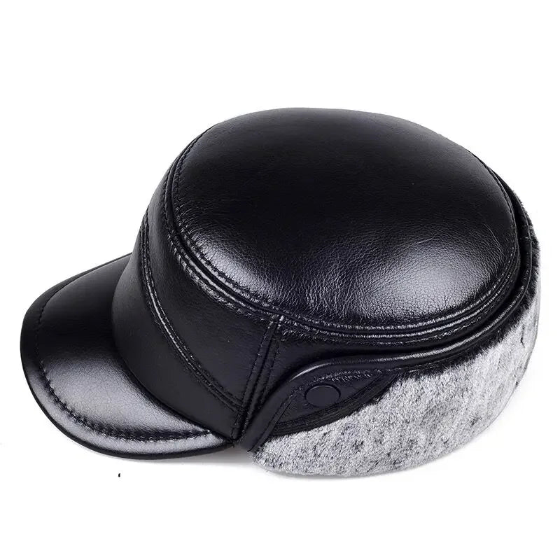 High Quality Genuine Leather Hats Winter First Layer Cowhide Warm Earmuffs Bomber Caps Plus Velvet Thicken Man Bone Caps Dad Hat