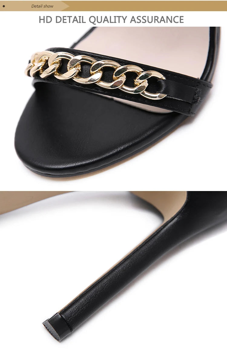 Aneikeh Sexy Rivet Metal Chain Sandals Peep Toe Thin Heel Pumps Gladiator Sandalias Zipper Women High Shoes