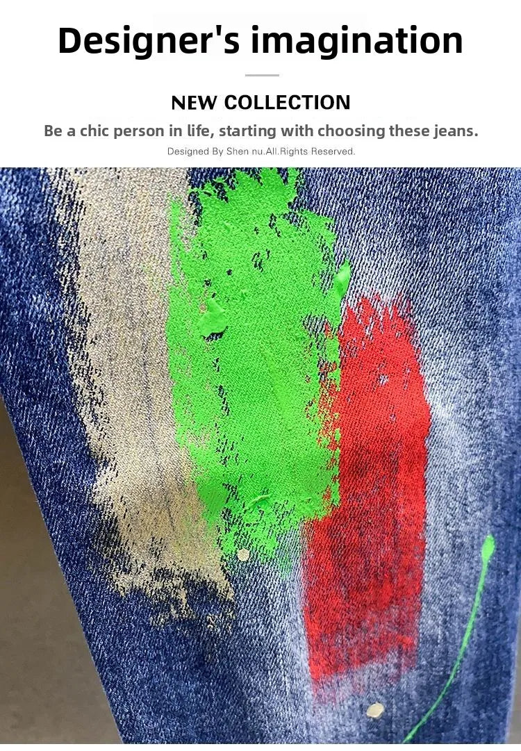Luxury Brand 2026 Graffiti Jeans Men's Fashion Ripped Spray Paint Pants Ruffian Streetwears