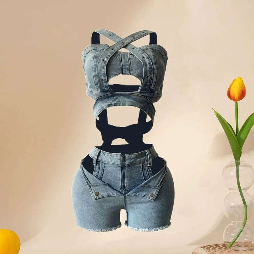 Harajuku Retro Cowboy Shorts Sets Jumpsuits Cross Belt Denim Crop Top Shorts Hollow Spicy Girl Style Sleeveless Bodysuit Beach