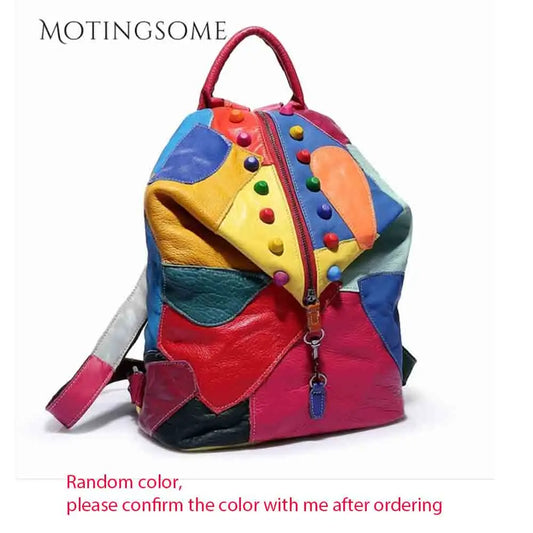Genuine Leather Backpack for Women w/ Sheepskin Colorful Patchwork Shopper Bag Female Packsack Mochila