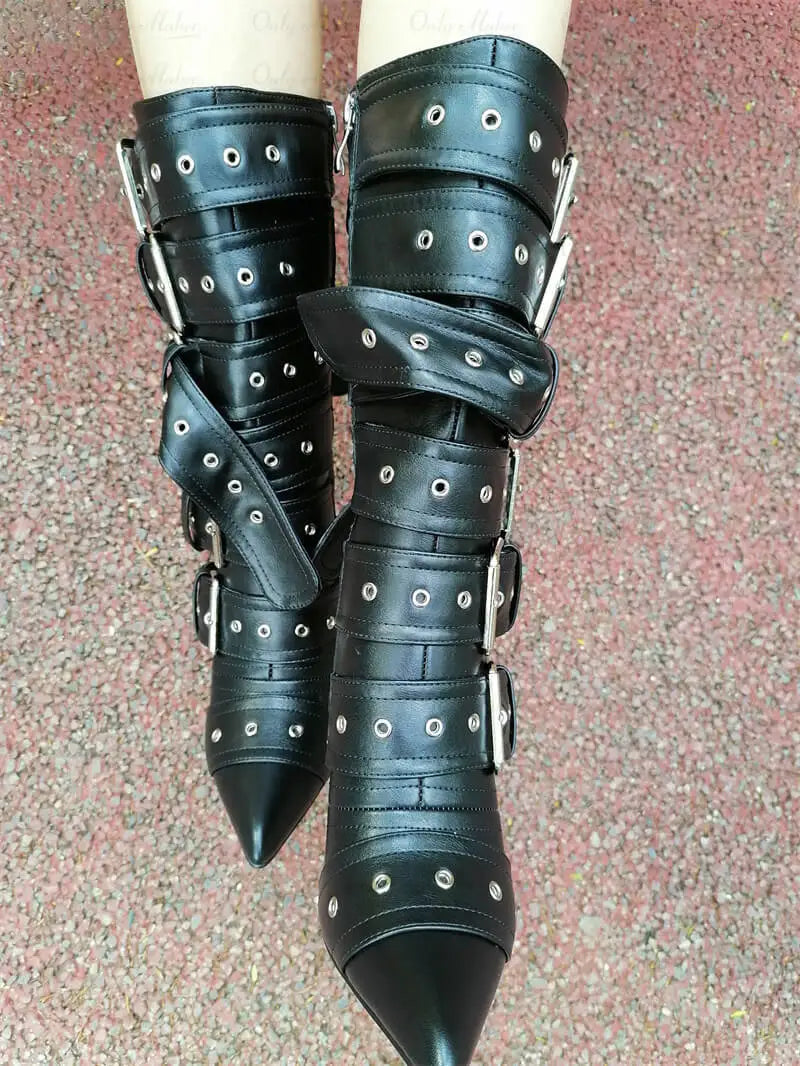 Onlymaker Women Pointed Toe Buckle Strap Mid-Calf Boots  Thin High Heel Lady Zipper Stiletto
