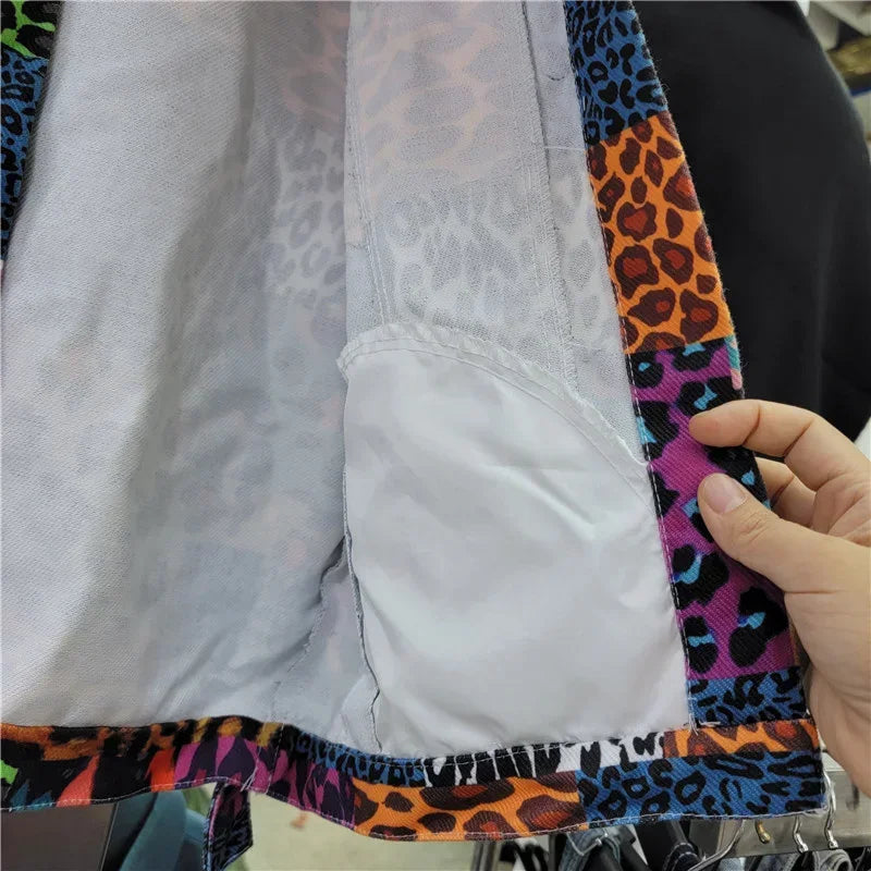 Streetwear Fashion Rivet Beading Leopard Print Patchwork Denim Jacket Women Cowboy Outerwear Loose Short Jeans Jackets Female