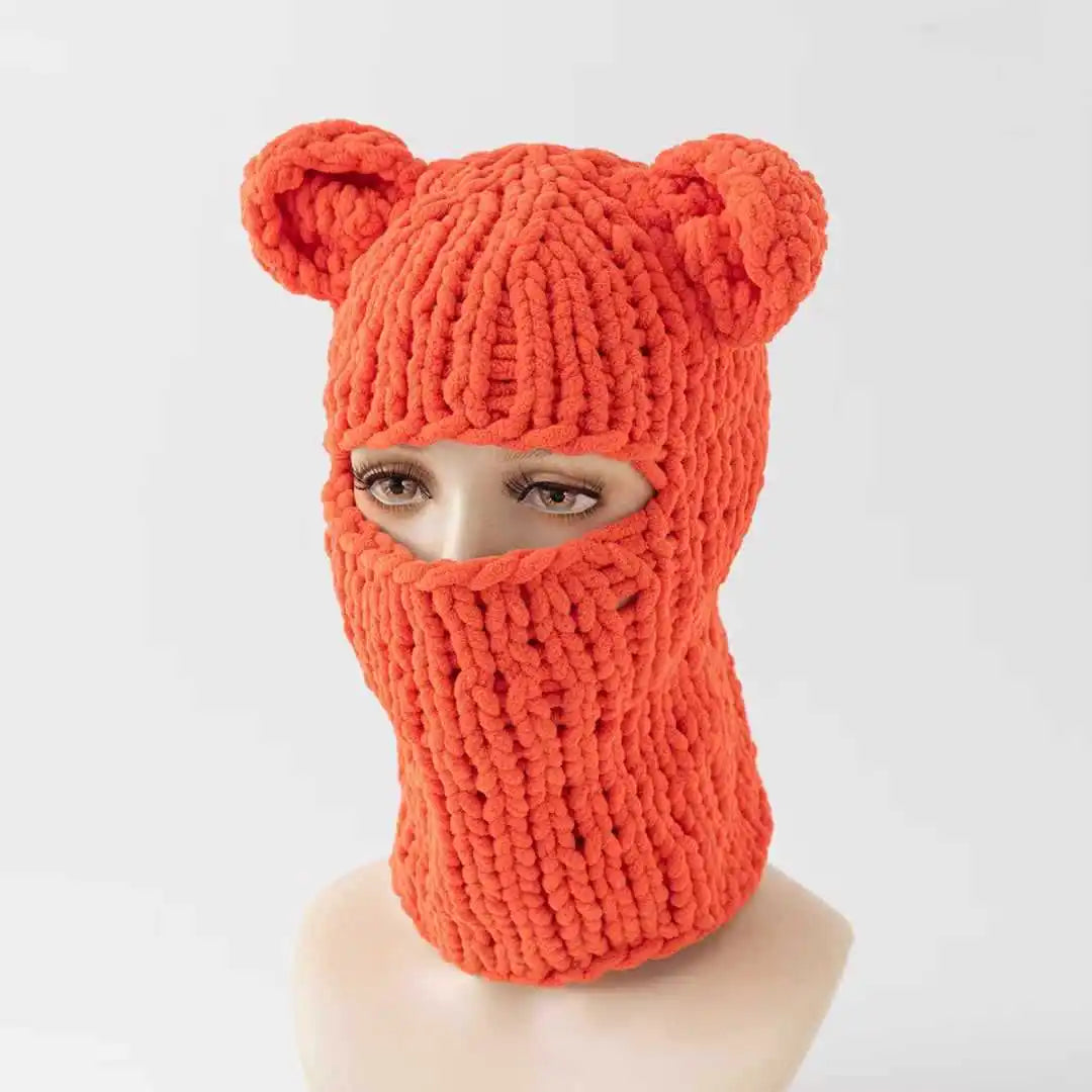 Little Devil Handmade Knitted Hat Thickened Warm Velvet Hat Face Mask Funny Ear Sweet Winter Trendy Hat