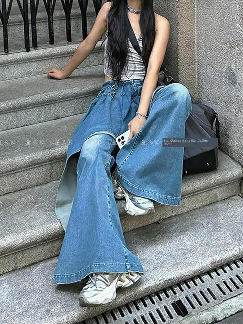 2026 European and American Retro Wide-Leg Scimitar Jeans for Women / Floor-Length Pants