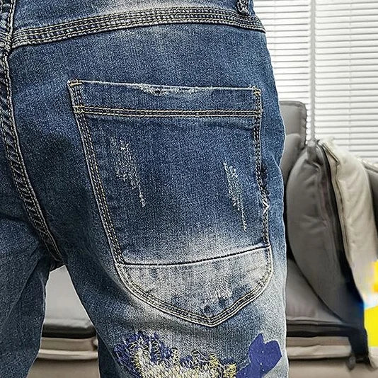 Graphic Men's Jeans Tapered Man Cowboy Pants Ripped with Print Torn Slim Fit Trousers Korean Fashion Retro Broken Harajuku Xs XL