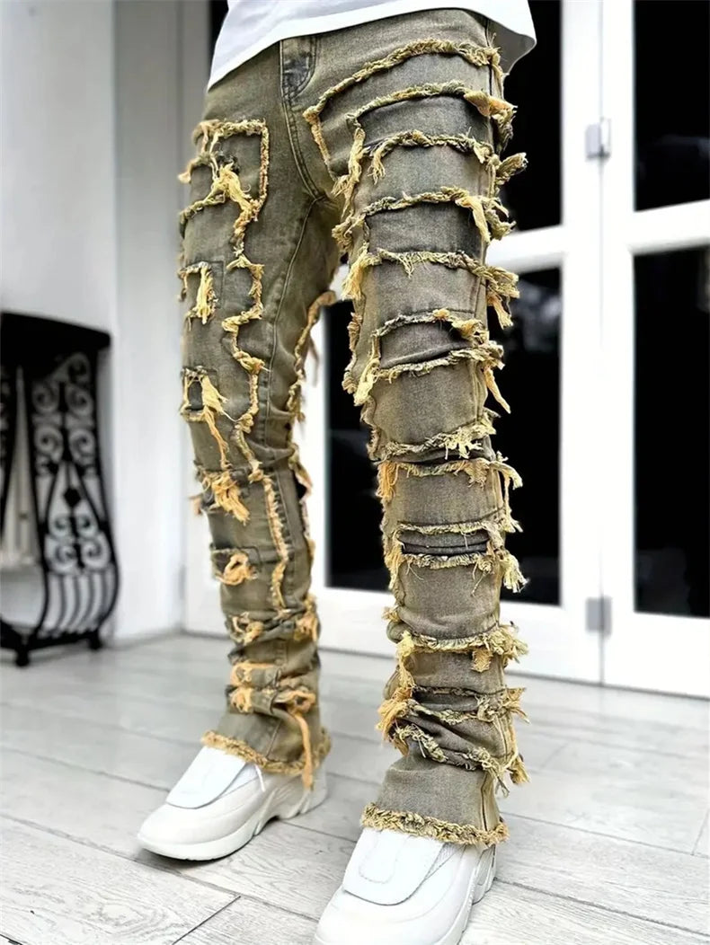 Distressed Men's Jeans Tassels Patchwork Design Vintage Washed Stretch Denim Pants Straight Fashion Streetwear Trousers
